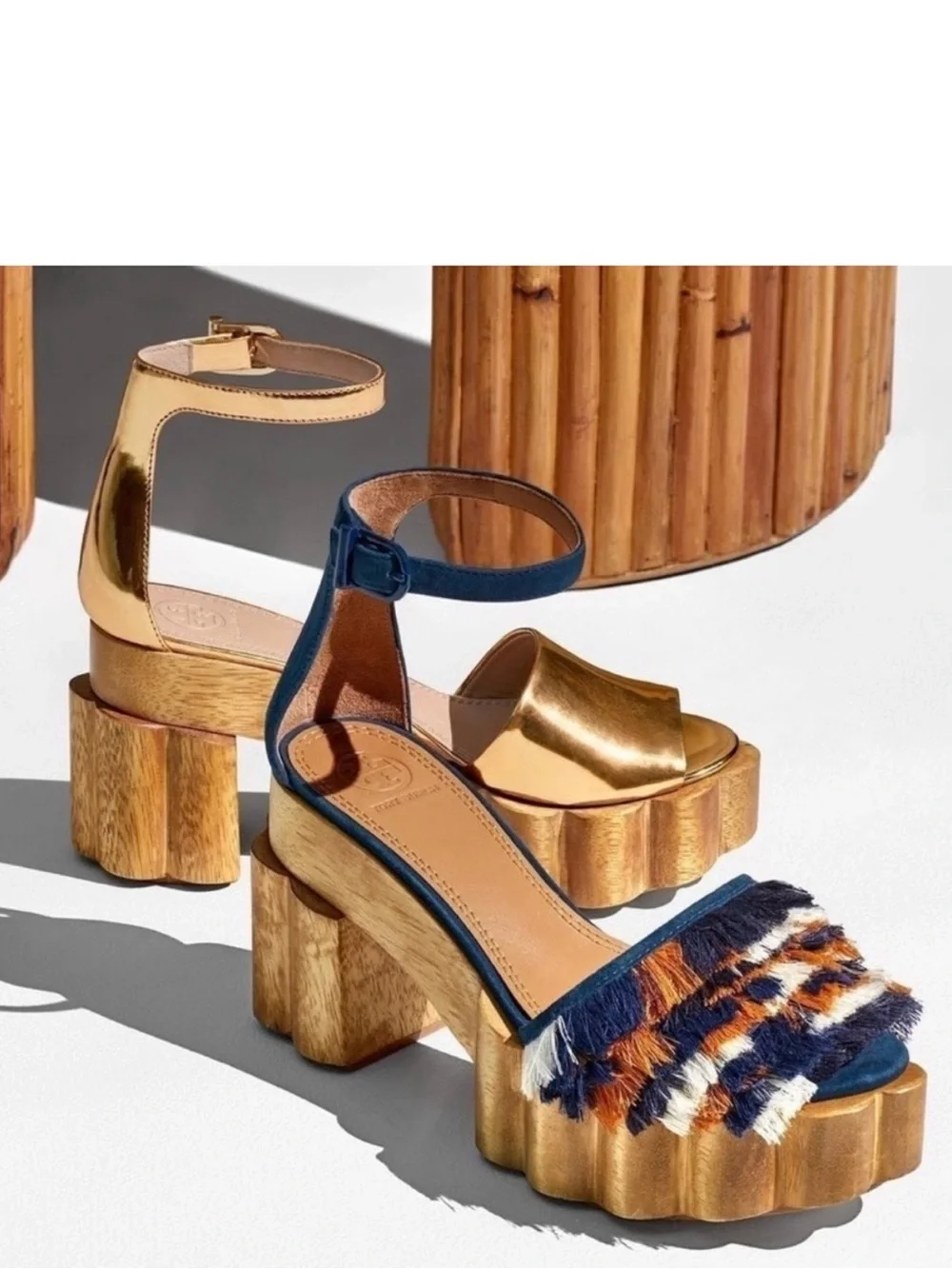 Tory Burch Metallic Gold & Navy Fringe Platform Sandals